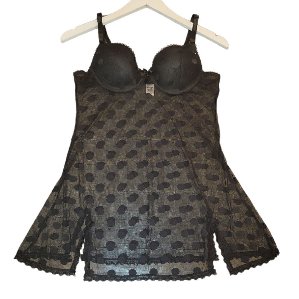 NWOT Always A Flirt Black Sheer Polka-dot Babydoll Nightie Boudoir Lingerie M
